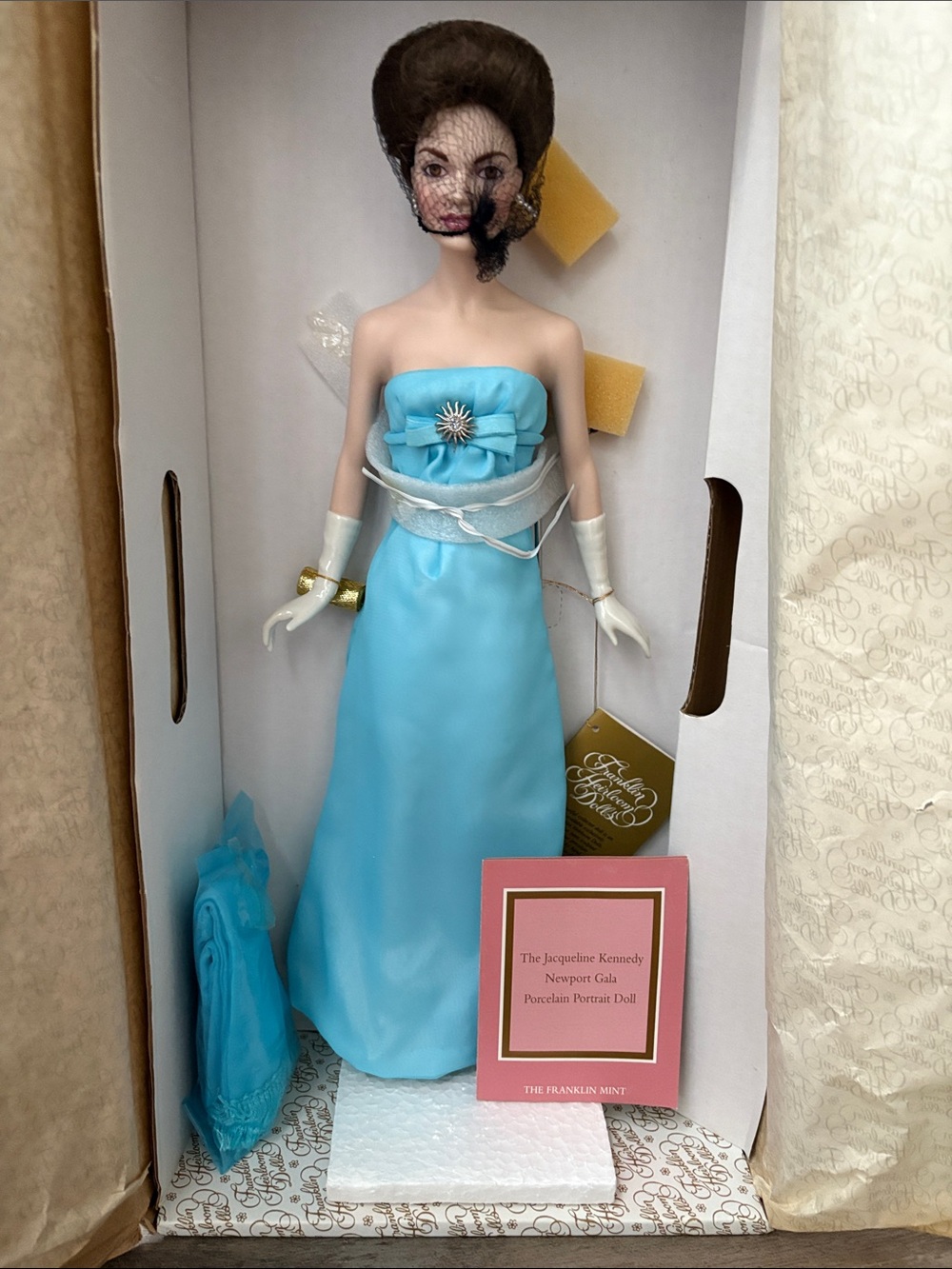Franklin Mint Jacqueline Kennedy Newport Gala Porcelain Doll, Mint in Box, Rare!